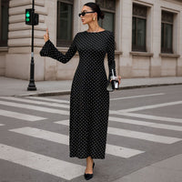 Socialite-style Black Polka-dot Dress For Women Autumnwinter Long-sleeve Ultra-low Back Figure-hugging With Tie-back Detail And Maxi Length