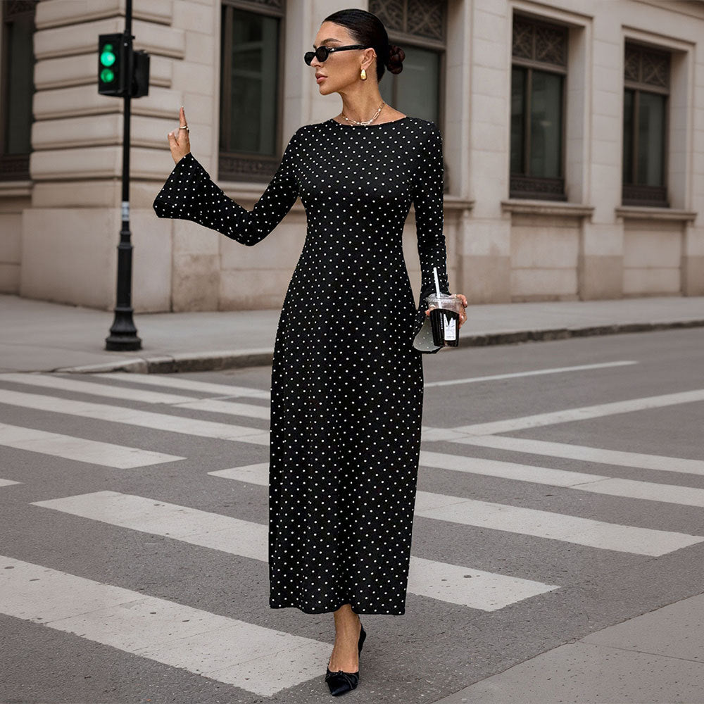 Socialite-style Black Polka-dot Dress For Women Autumnwinter Long-sleeve Ultra-low Back Figure-hugging With Tie-back Detail And Maxi Length