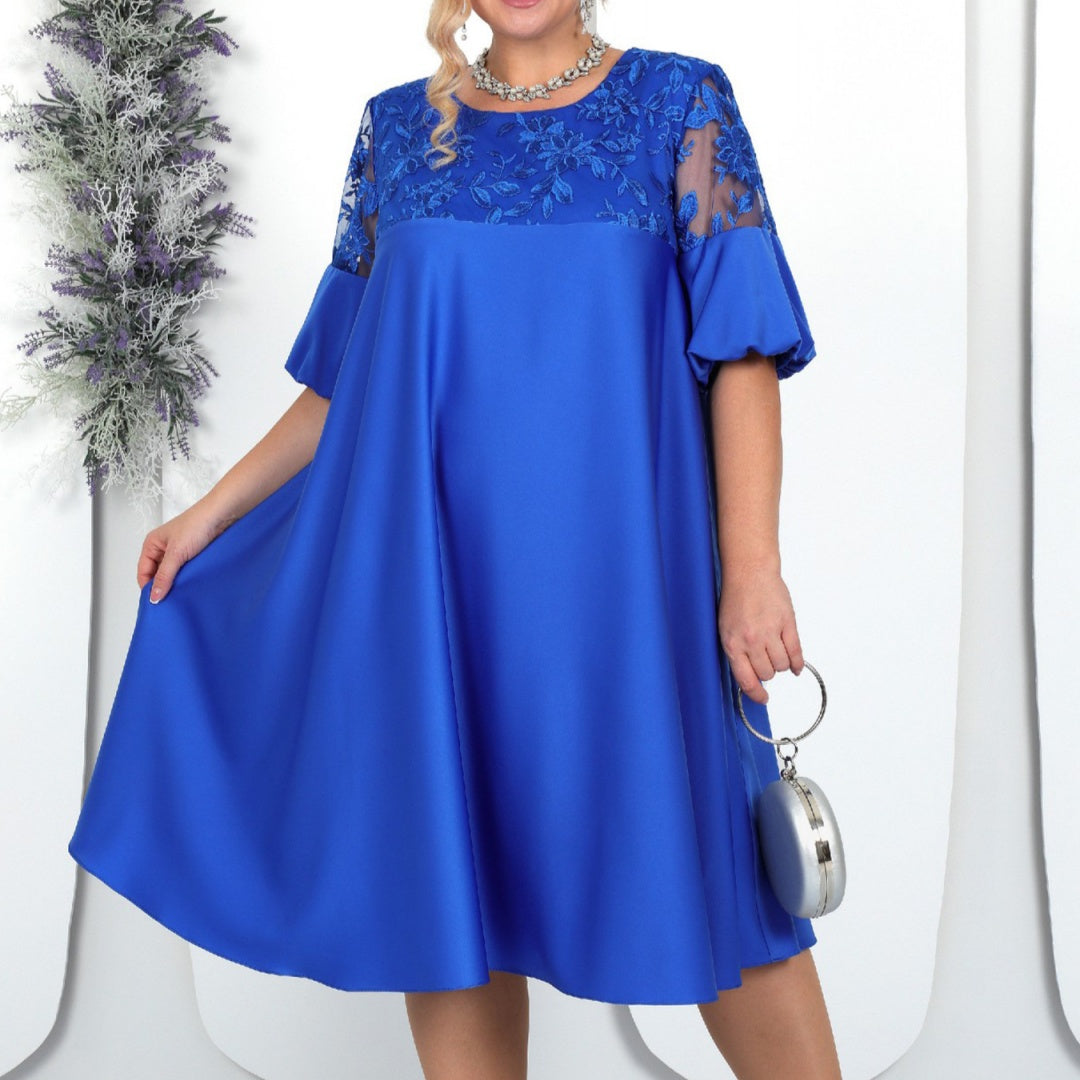 Embroidered Solid Color Patchwork Round Neck Lantern Sleeve Temperament Leisure Dress