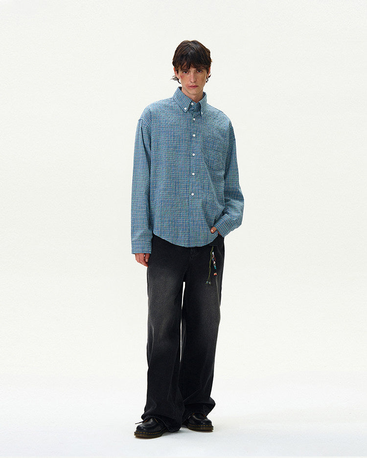 American Style Vintage Plaid Pleated Shirt