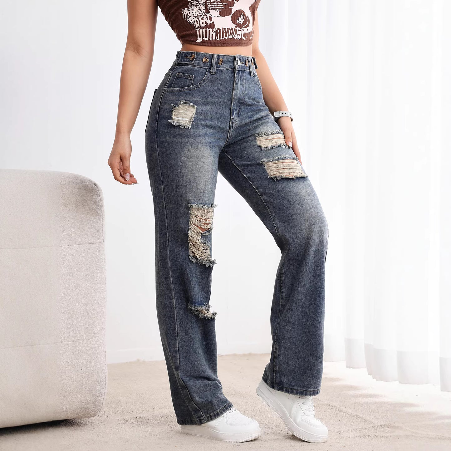 Womens Straight-leg Ripped Jeans