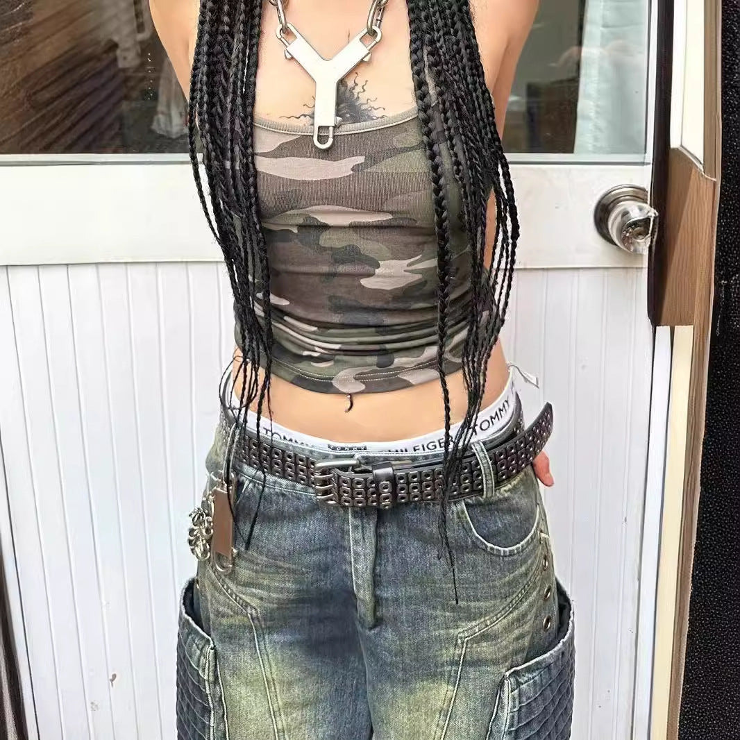 American Retro Plus Size Washed Denim Frayed Workwear With Pocket Cropped Pants