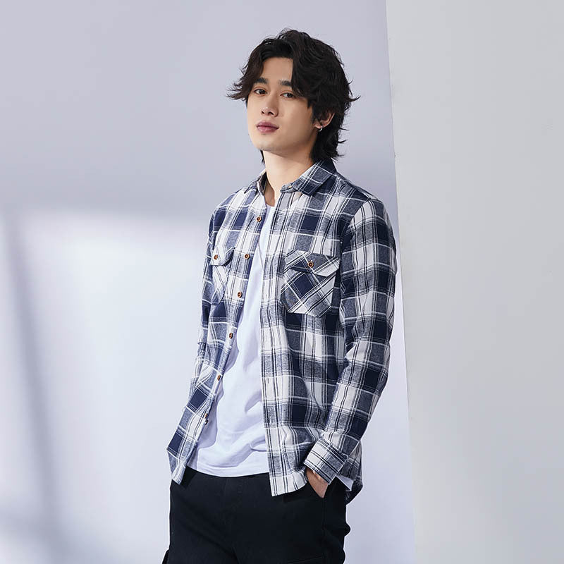 Men's Casual Plaid Lapel Long-sleeve Shirt