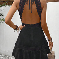 Female Solid Color Hollow Lace Patchwork Neck Tie Dress