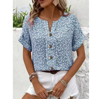 Womens Casual Plant-Print Jacquard Collar Short-Sleeve T-Shirt