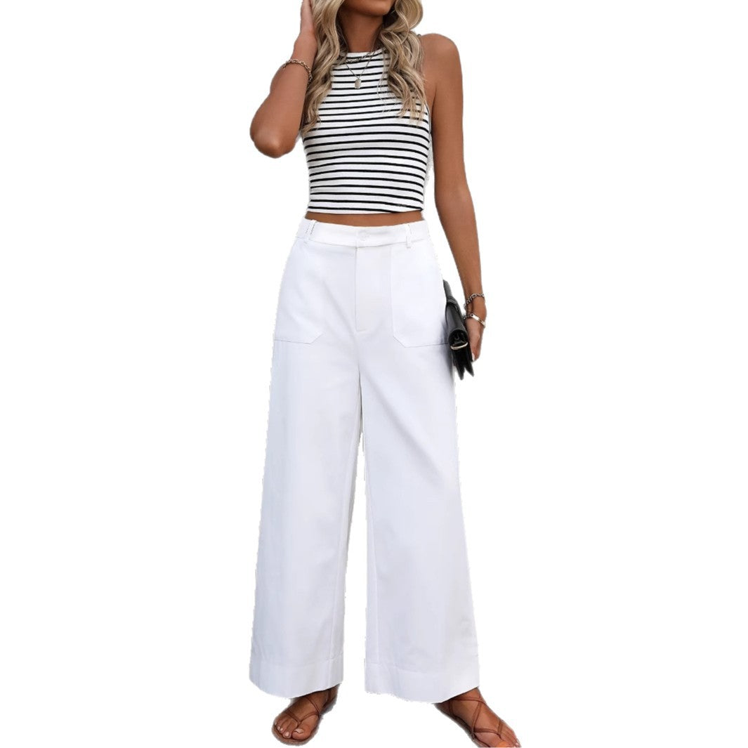 European And American Style Women's Solid Color Pants High Waist Wide Leg Trousers