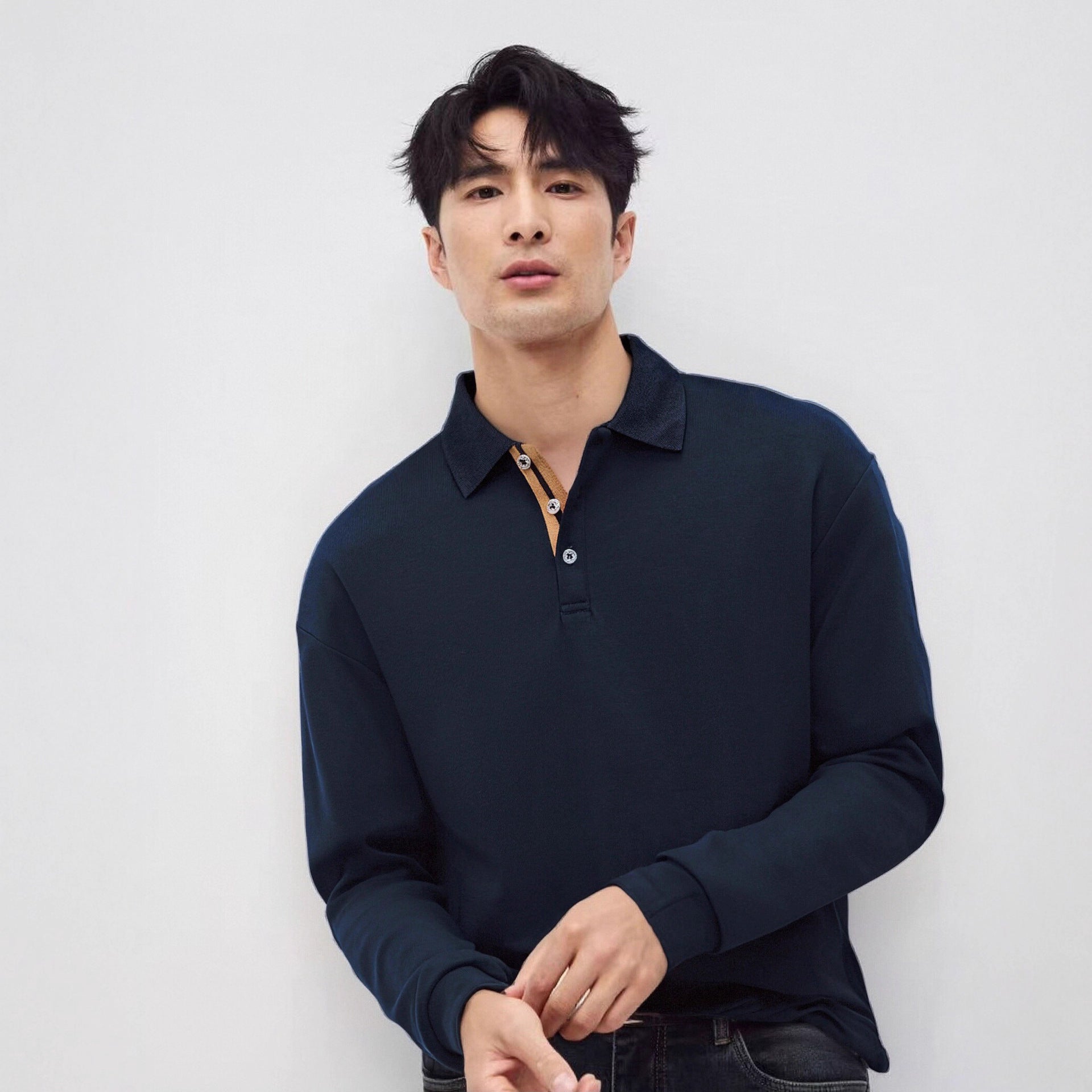 Mens Relaxed-fit Solid-color Casual Long-sleeve Shirt