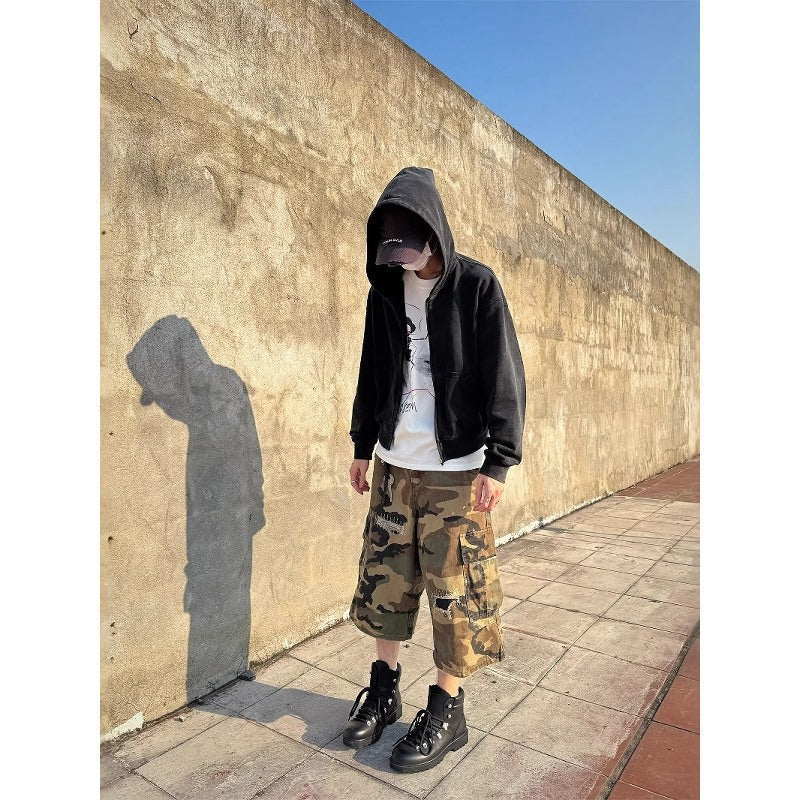 Retro Patch Ripped Camouflage Cropped Pants Men's Loose Casual Jeans