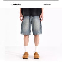 All-match Loose Straight Sports Shorts Washed Overalls Denim Shorts