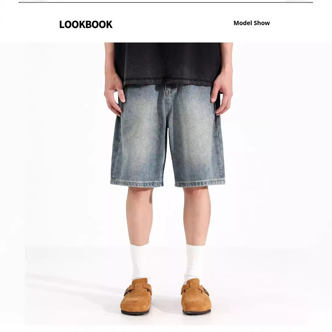 All-match Loose Straight Sports Shorts Washed Overalls Denim Shorts