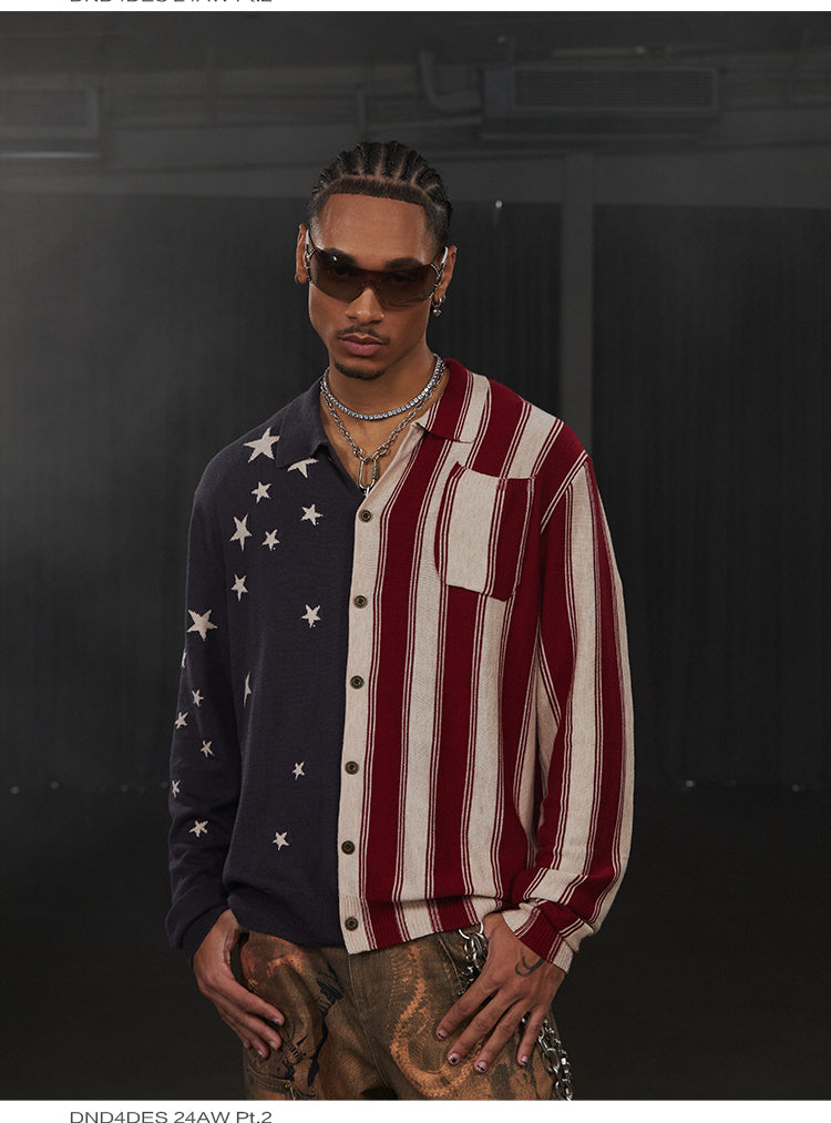 American Retro Flag XINGX Printed Striped Sweater Short Wide Long-sleeved Shirt