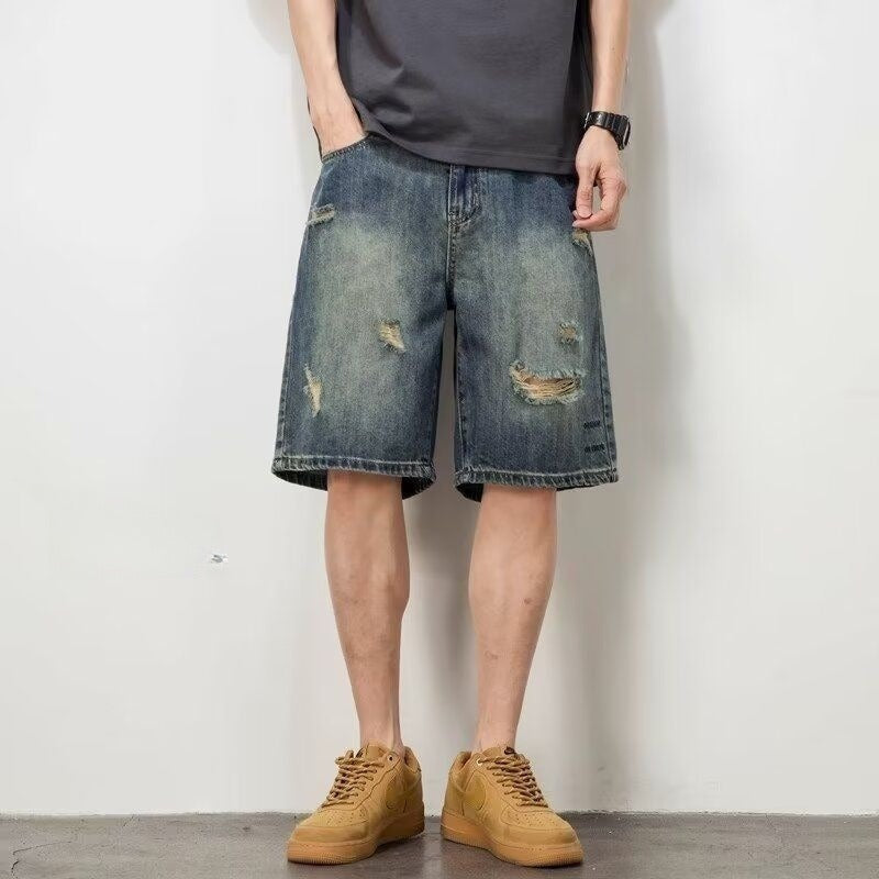 Retro Loose Hole Denim Men's Shorts