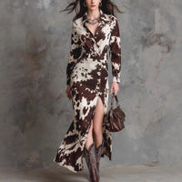 Digital-print Cardigan Long-sleeve Button-down Irregular-length Dress