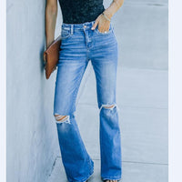 New Women's Denim Trousers With Ripped Holes And Washed Thin