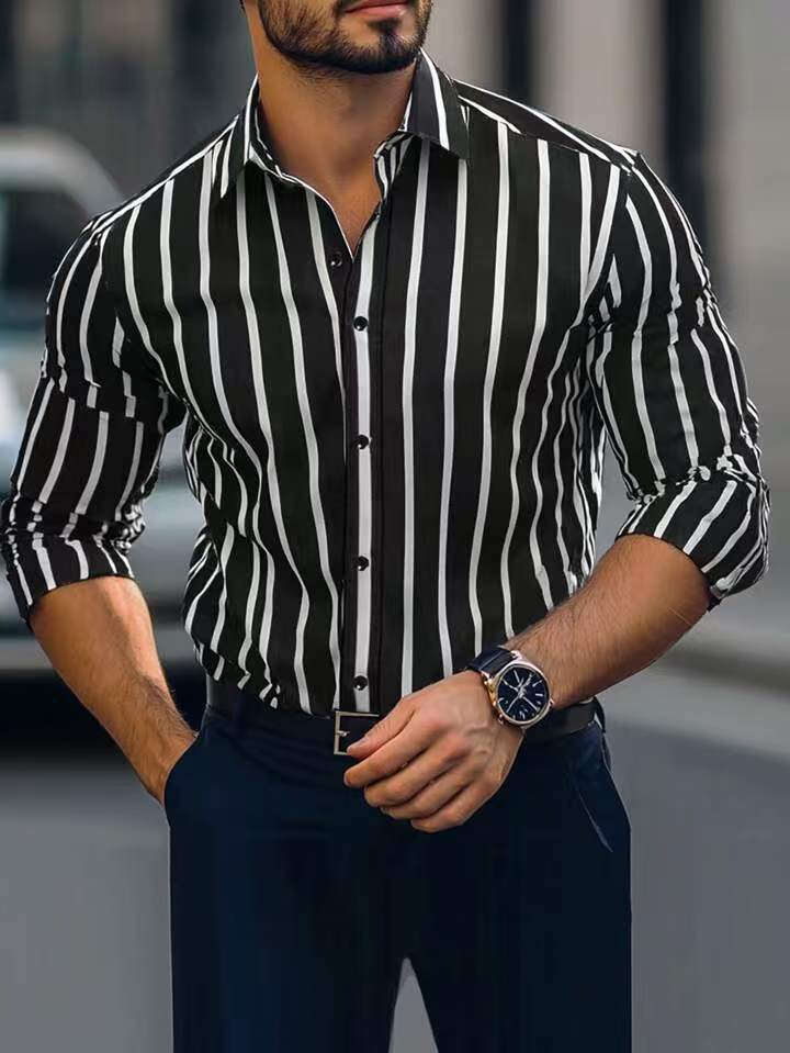 Striped Printed Casual Four-way Stretch Long Sleeve Shirt For Men