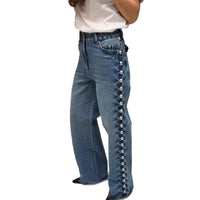 Women's Retro Design Side Round Beads Decorative Jeans