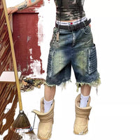 American Retro Plus Size Washed Denim Frayed Workwear With Pocket Cropped Pants