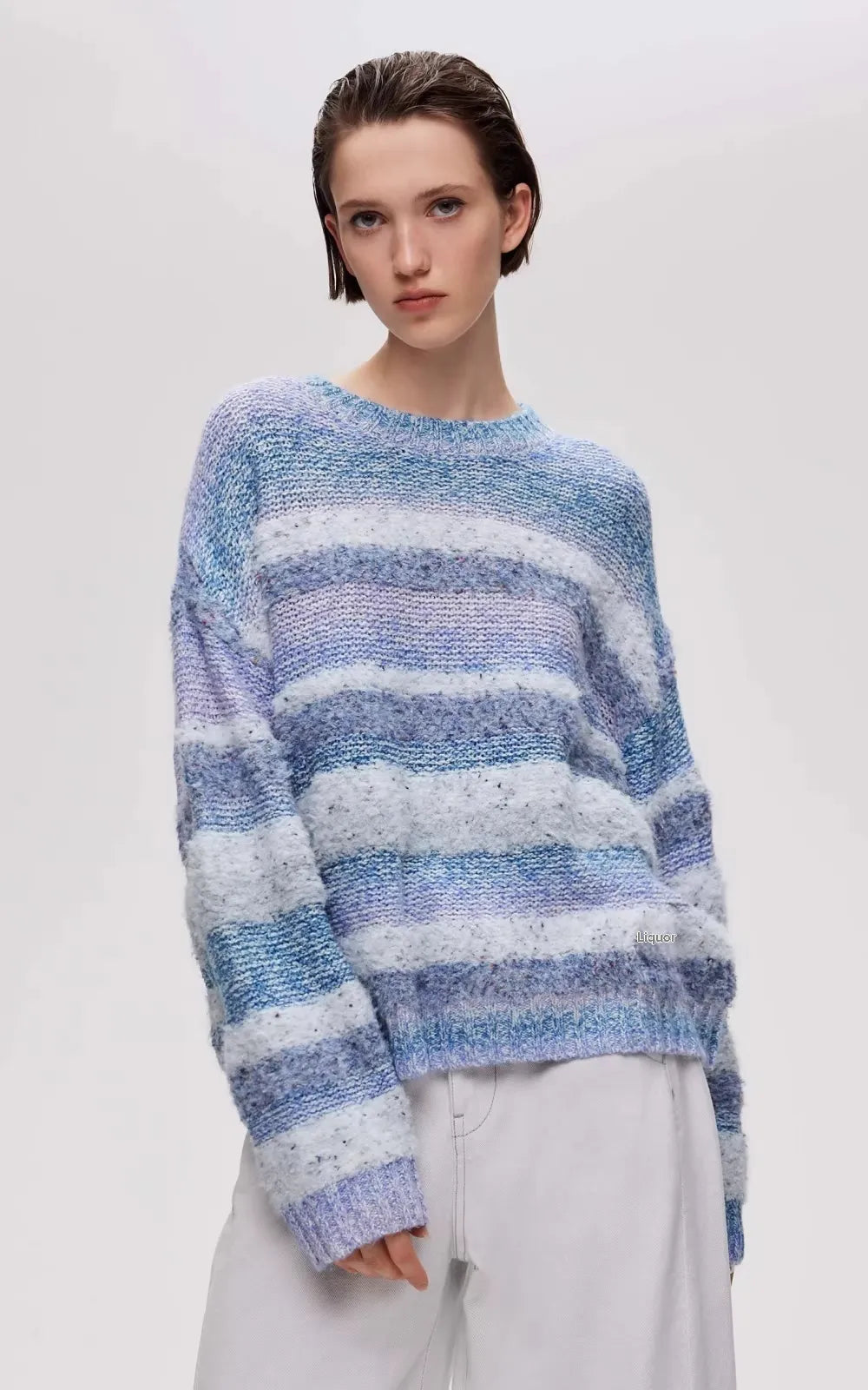 Gradient Striped Round Neck Loose-fitting Drop Shoulder Knit Sweater