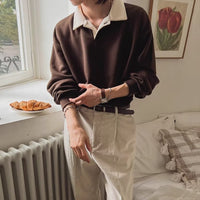 Mens Retro Color-Block Lapel Hoodie