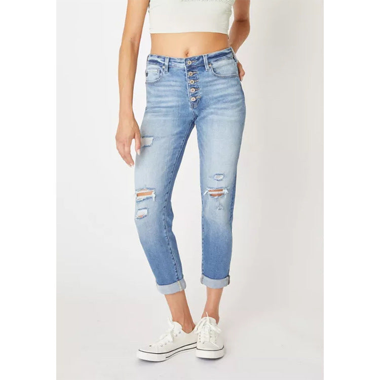 Womens Slim-Fit Ripped Cuffed Denim Jeans