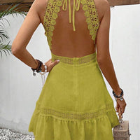 Female Solid Color Hollow Lace Patchwork Neck Tie Dress