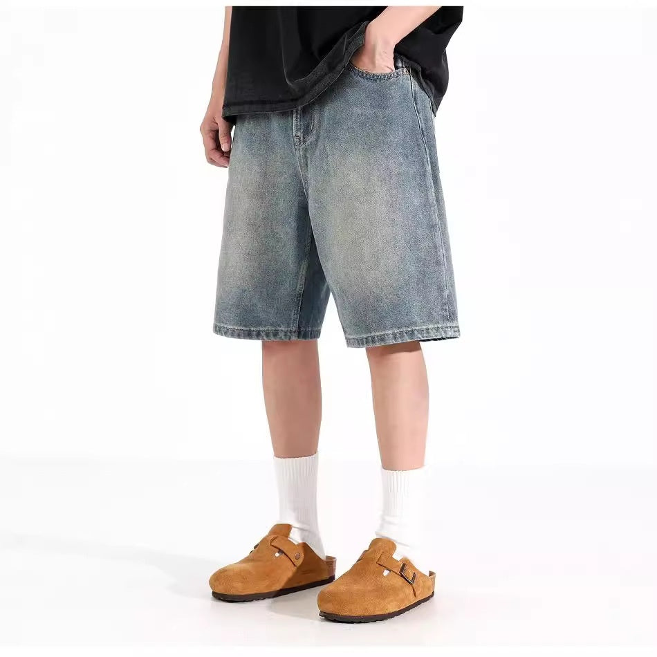 All-match Loose Straight Sports Shorts Washed Overalls Denim Shorts
