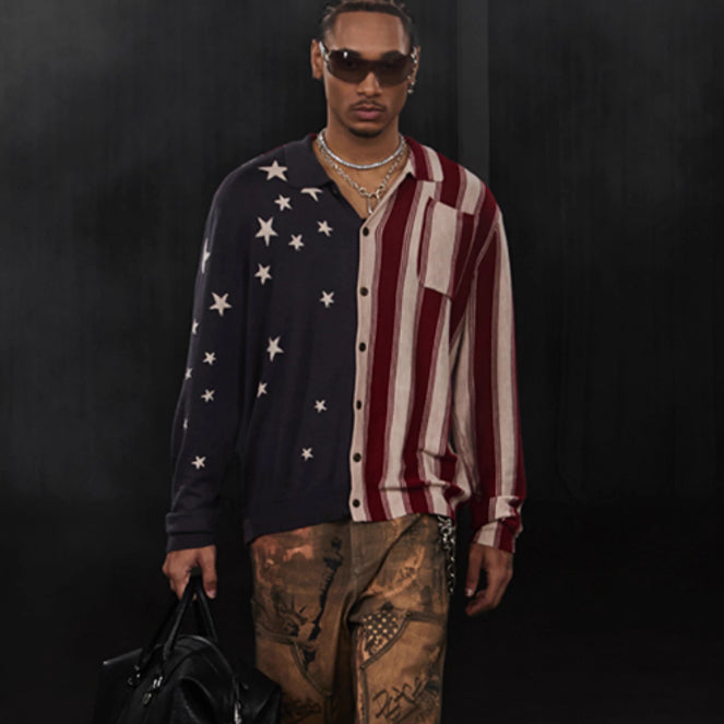 American Retro Flag XINGX Printed Striped Sweater Short Wide Long-sleeved Shirt