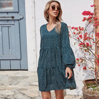 V-Neck Polka Dot Lantern Sleeve Long Sleeve Women High Waist Dress