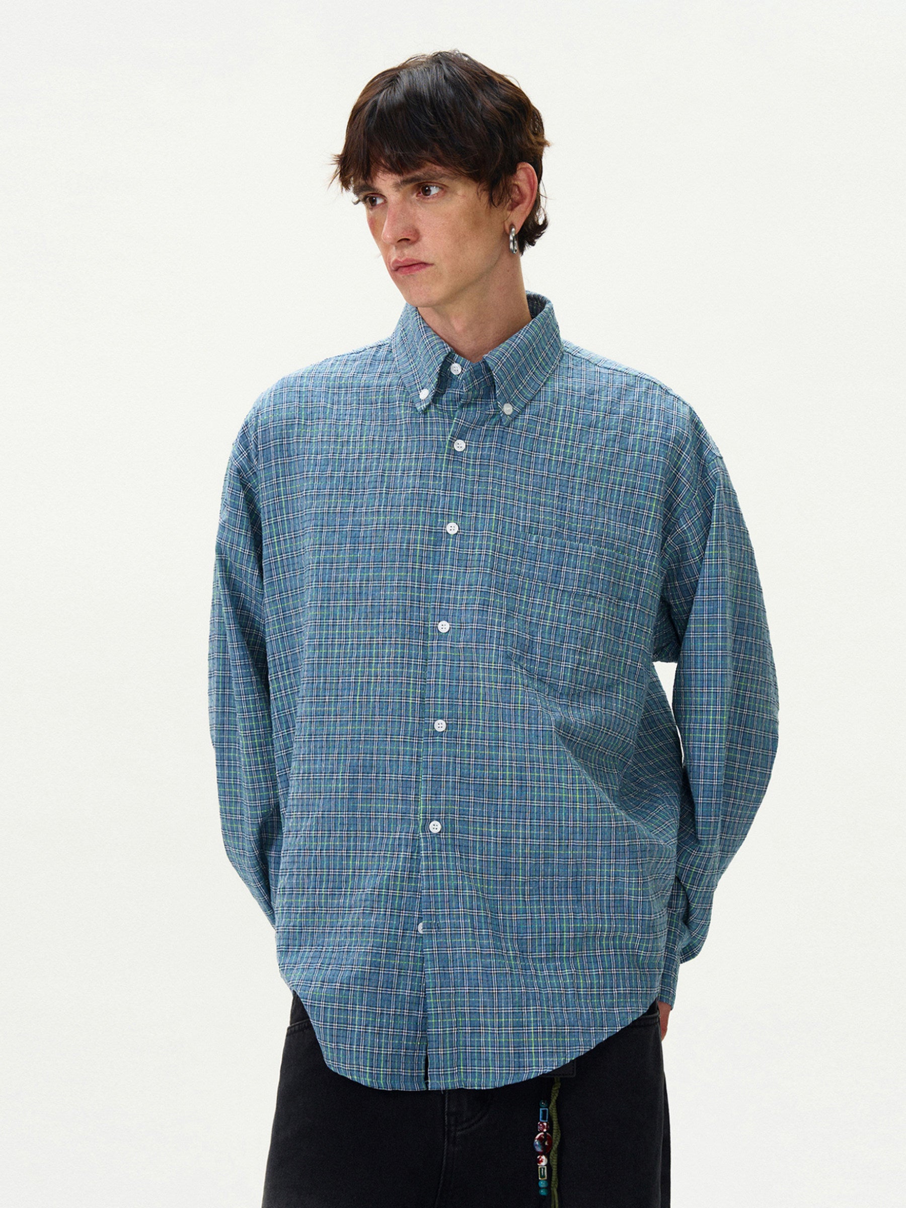American Style Vintage Plaid Pleated Shirt