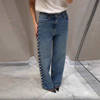 Women's Retro Design Side Round Beads Decorative Jeans