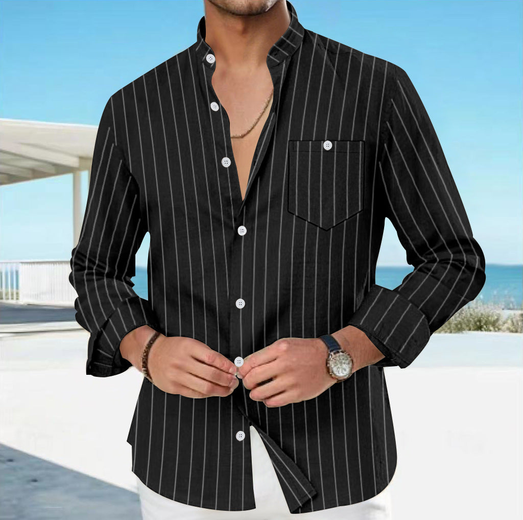 Men's Linen Fashion Shirt Striped Stand-up Collar Loose-fitting Breathable Casual