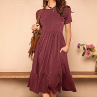 European And American Summer Pure Color Ruffles Hem Hidden Pocket Elegant Dress