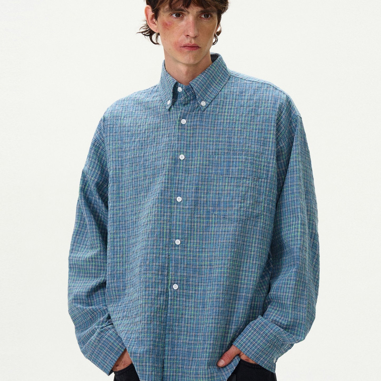 American Style Vintage Plaid Pleated Shirt