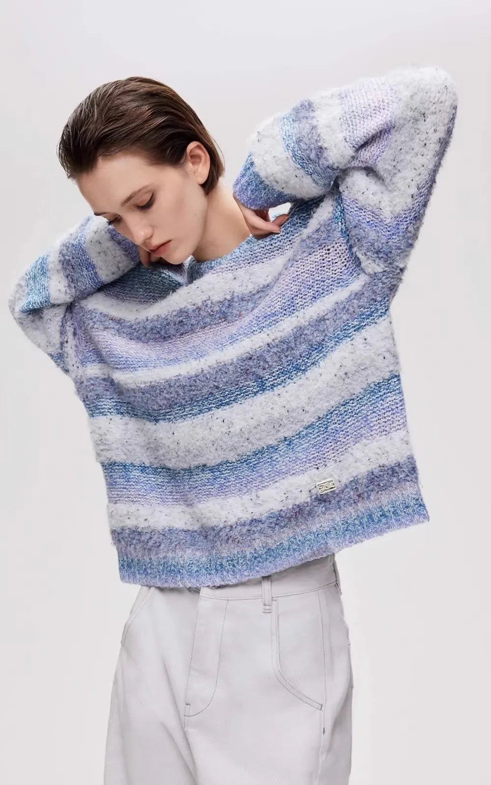 Gradient Striped Round Neck Loose-fitting Drop Shoulder Knit Sweater