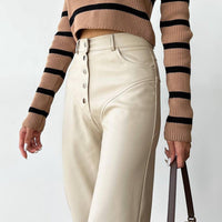 Autumn And Winter High Waist Leather Stitching Length Women's Casual Pants