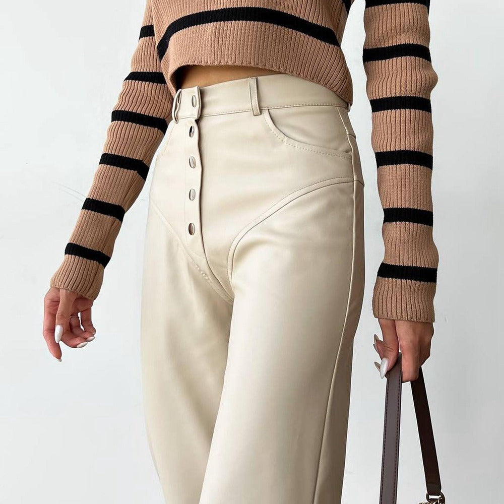 Autumn And Winter High Waist Leather Stitching Length Women's Casual Pants