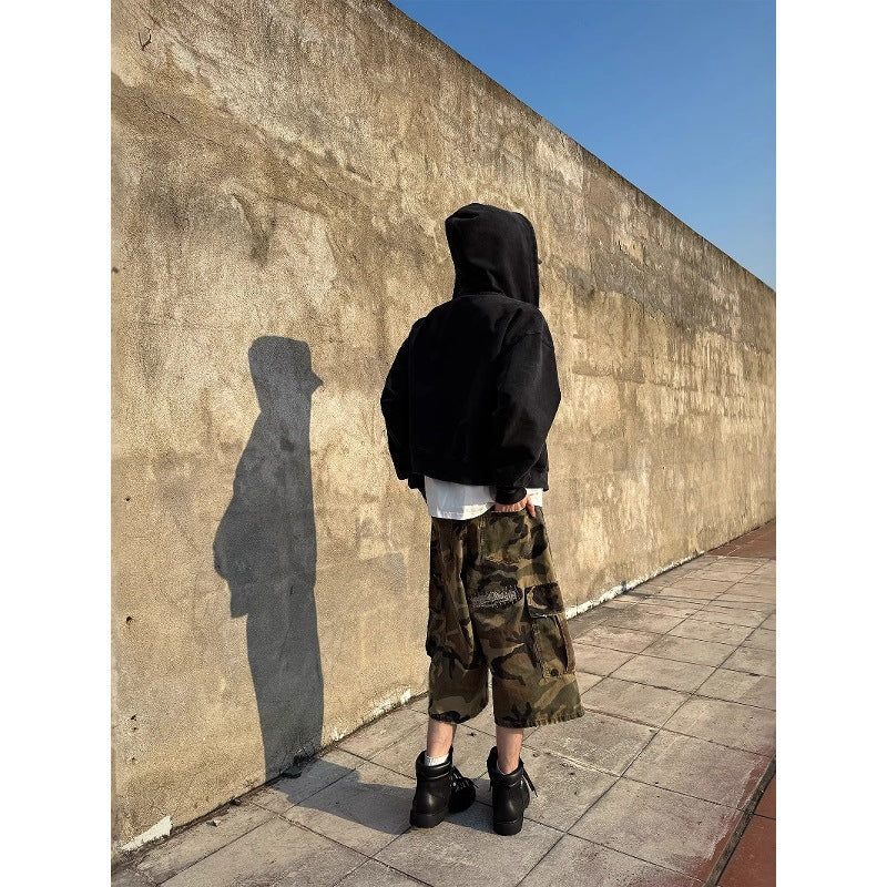 Retro Patch Ripped Camouflage Cropped Pants Men's Loose Casual Jeans