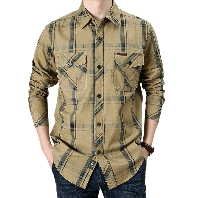 Long Sleeve Shirt Men's Plus Size Loose Cargo Cotton Shirt