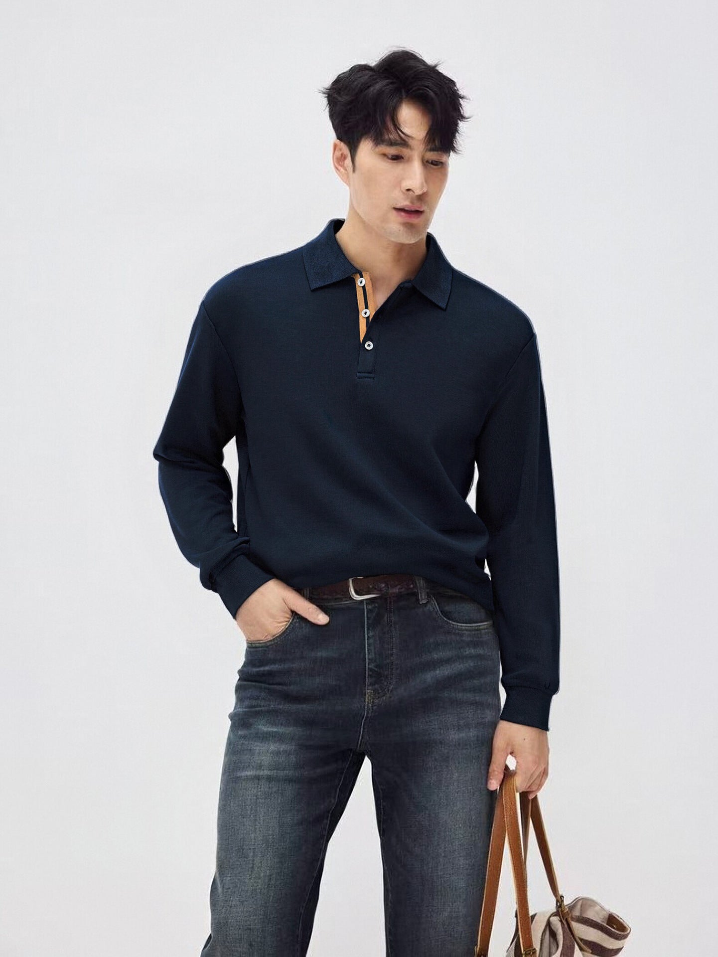 Mens Relaxed-fit Solid-color Casual Long-sleeve Shirt