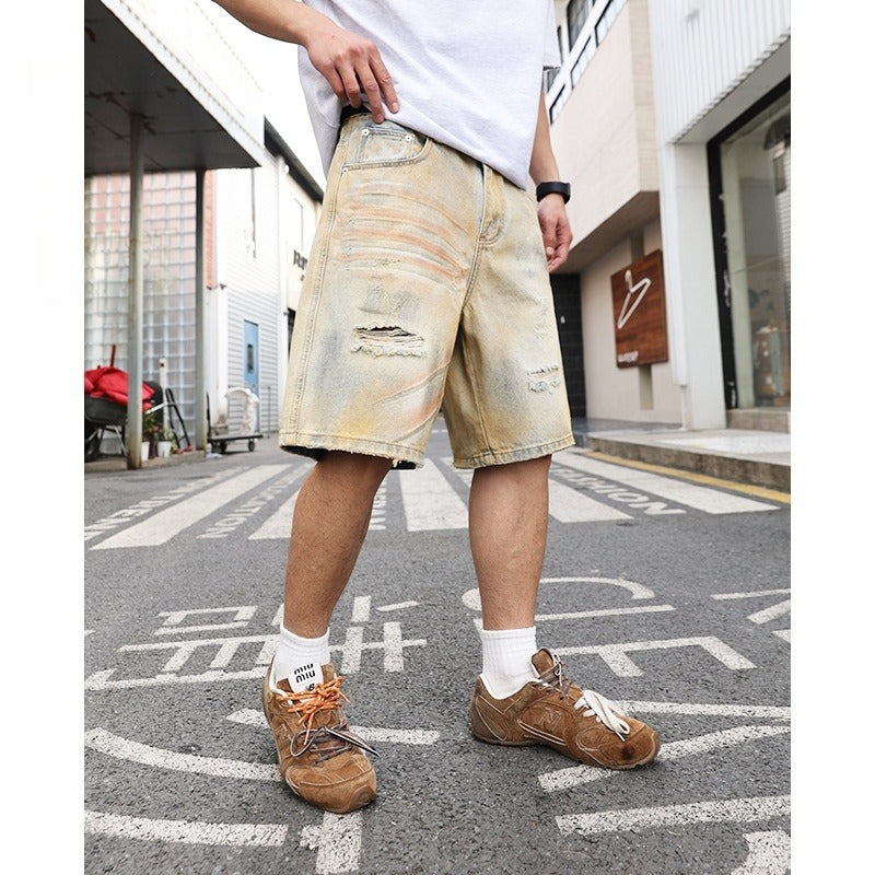 Ripped Straight-leg Denim Men's Shorts