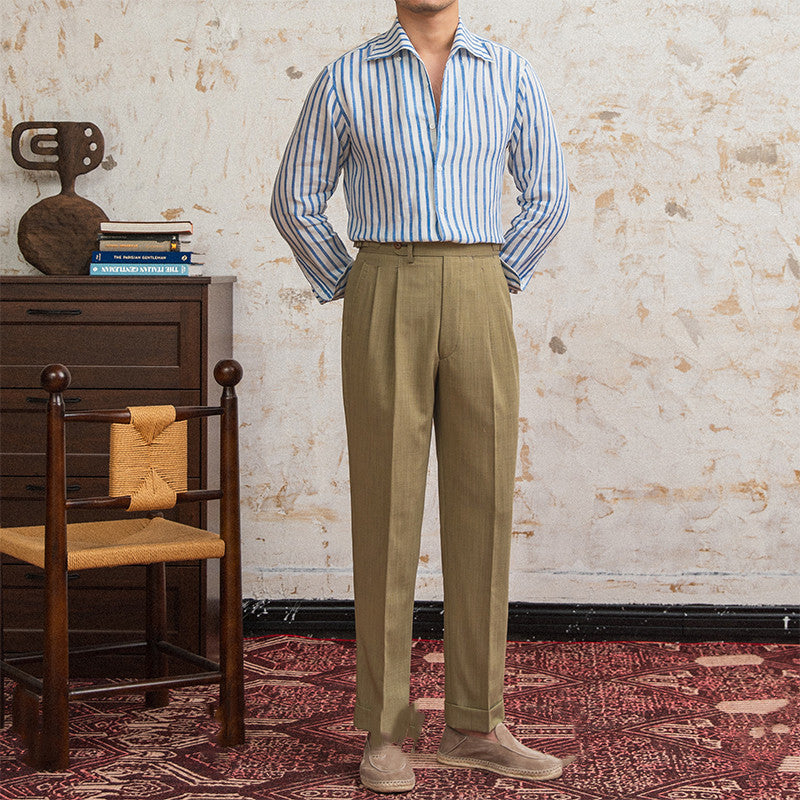 Linen Striped Long-sleeved Shirt With One Collar