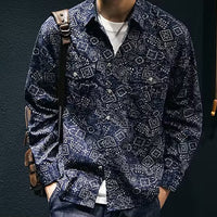 Social Style Denim Printing Men's Lapel Casual Shirt