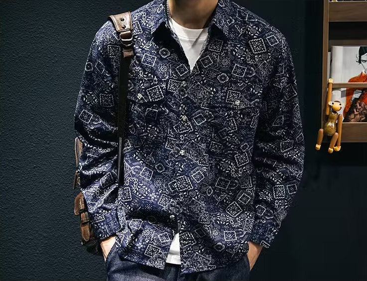 Social Style Denim Printing Men's Lapel Casual Shirt