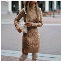 Fashion Turtleneck Knitted Dress With Slit Design Winter Warm Solid Color Pullover Long Sweater Women's Clothing