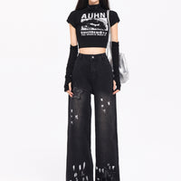 Korean Style Retro XINGX Embroidered Jeans Autumn And Winter New High Waist Splash-ink Wide Leg Straight Mop Pants
