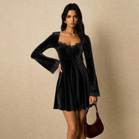 Square Neckline And Patchwork Flared Sleeves Elegant AutumnWinter Women's Dress