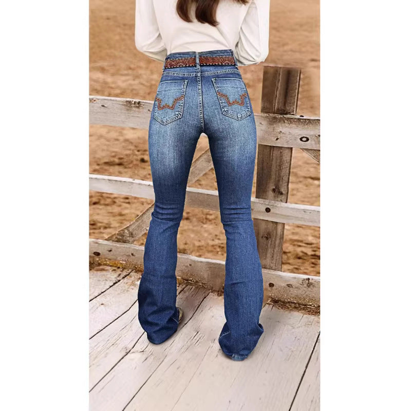 Womens Retro Beaded Embroidered Denim Jeans