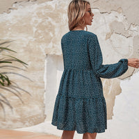 V-Neck Polka Dot Lantern Sleeve Long Sleeve Women High Waist Dress