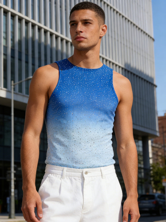 Blue-White Gradient Rhinestone Slim-Fit Sleeveless Tank Top