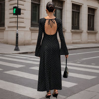 Socialite-style Black Polka-dot Dress For Women Autumnwinter Long-sleeve Ultra-low Back Figure-hugging With Tie-back Detail And Maxi Length